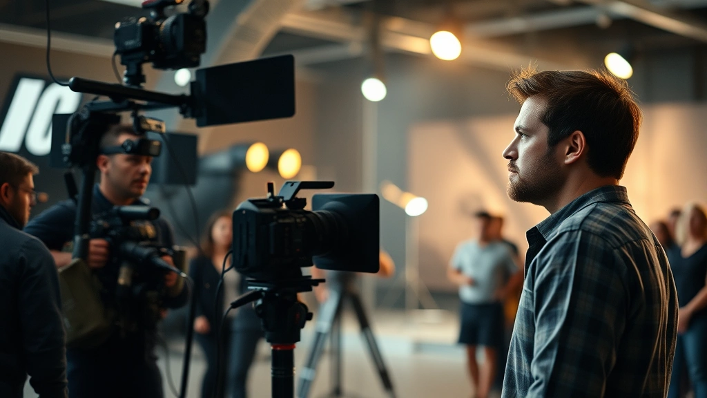 Film production on set with actor performing dramatic scene, cameras and crew visible in background blur, cinematic lighting setup, professional environment atmosphere
