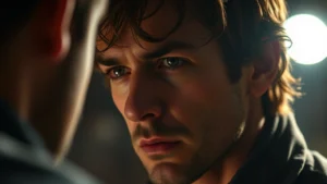Dramatic close-up of actor with intense expression, professional television production lighting, emotional scene depicting character vulnerability and psychological depth, cinematic quality