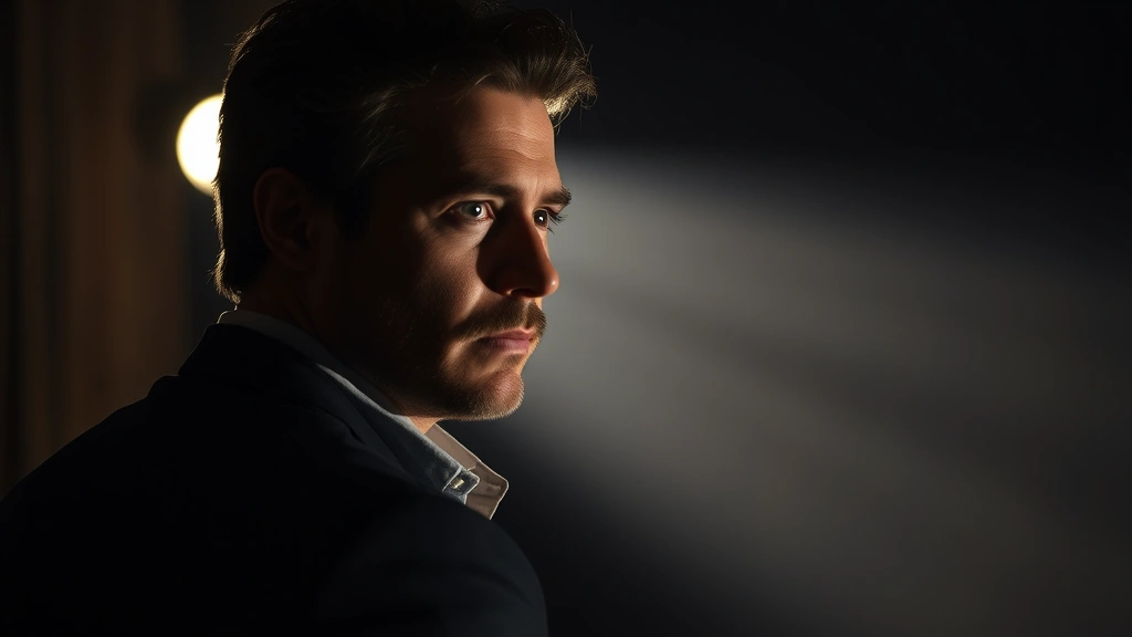 Professional actor in dramatic lighting during intense scene, shadows emphasizing emotional depth and character complexity, cinematic television production quality