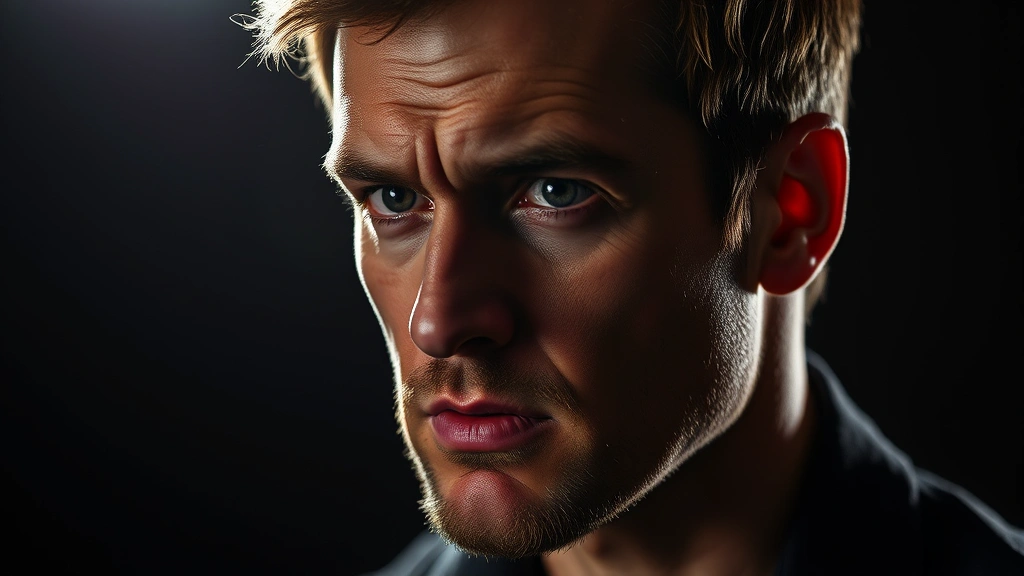 Actor in professional headshot with dramatic side lighting, conveying intensity and emotional depth, professional entertainment industry photography