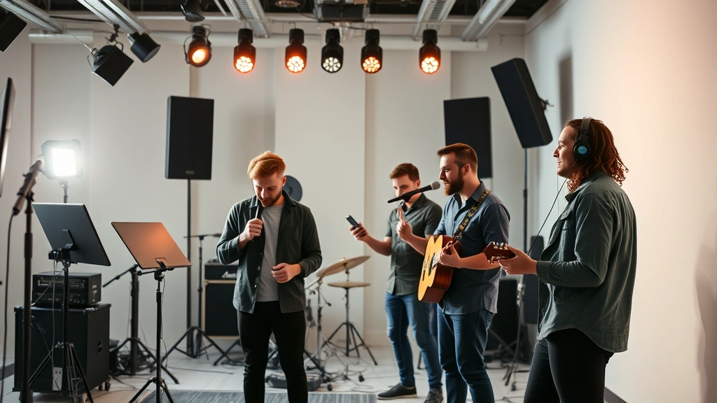 Diverse group of entertainment professionals collaborating in modern studio environment with creative equipment and collaborative energy