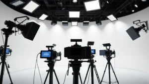 Professional television studio setting with modern broadcast equipment, professional lighting rigs, neutral background, no text or screens visible