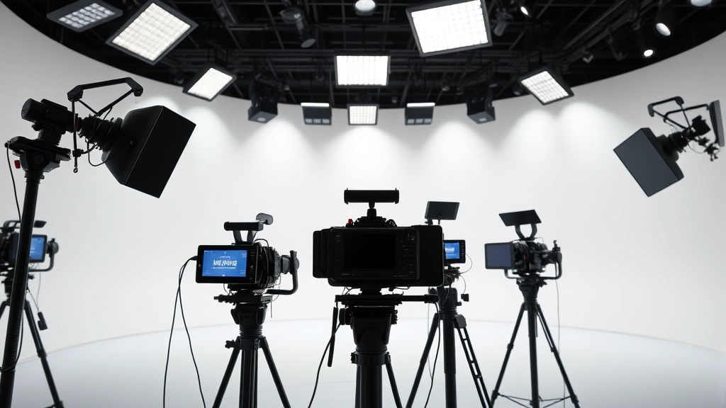 Professional television studio setting with modern broadcast equipment, professional lighting rigs, neutral background, no text or screens visible