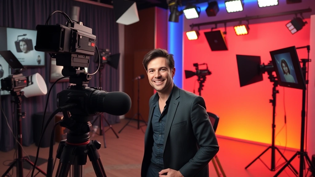 Media personality in contemporary professional studio environment with professional lighting and production setup
