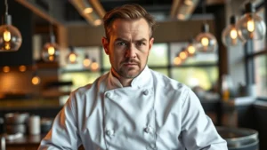 Professional actor in kitchen setting, concentrated expression, modern Chicago restaurant interior, natural lighting, wearing chef's whites, intense focused moment, photorealistic, no text