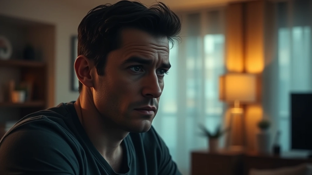 Actor in dramatic scene, emotional vulnerability visible, warm indoor lighting, contemporary apartment setting, thoughtful expression, professional cinematography style, photorealistic, no text