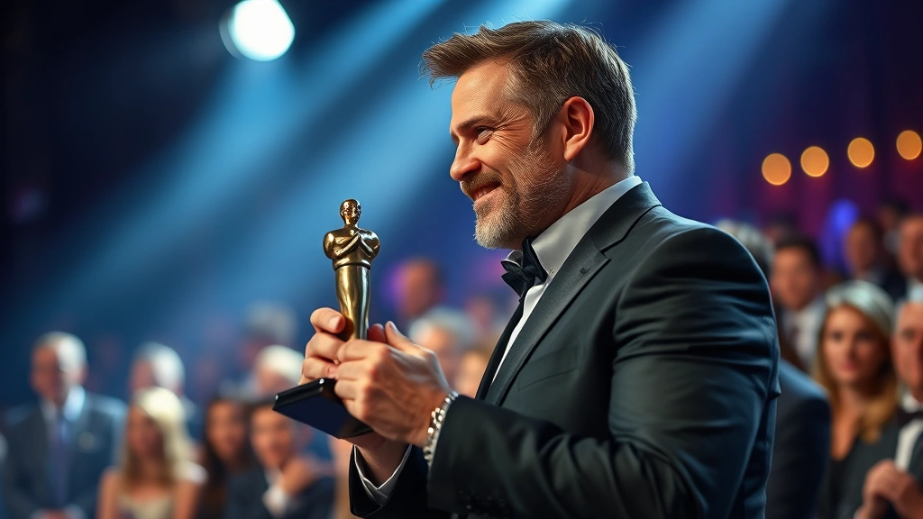 Actor receiving award or recognition at entertainment industry event, professional setting, sophisticated lighting, celebratory moment captured authentically, crowd in background blurred, photorealistic, no text