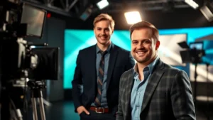 Professional male television performer in studio setting with production equipment visible, bright lighting highlighting professional environment, modern broadcast studio aesthetic