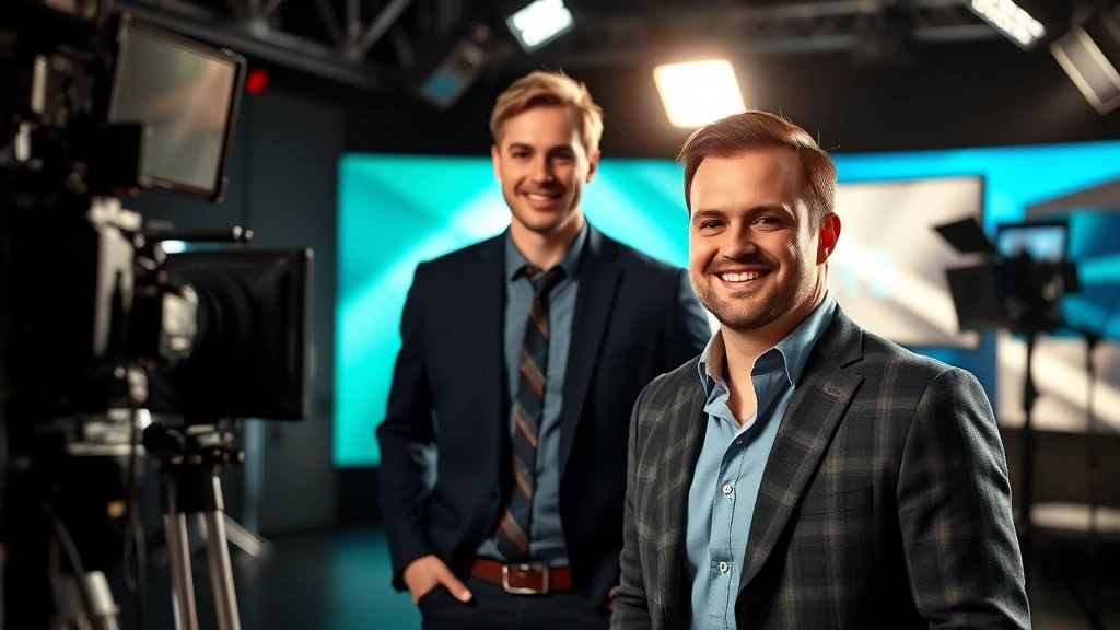 Professional male television performer in studio setting with production equipment visible, bright lighting highlighting professional environment, modern broadcast studio aesthetic