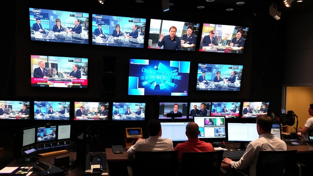 Television production control room with multiple monitors displaying different content, crew members working at technical stations, digital displays showing broadcast operations