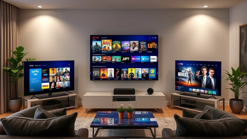 Streaming platform interface displayed on multiple screens showing diverse content library, modern living room setup with entertainment technology, contemporary digital media consumption environment