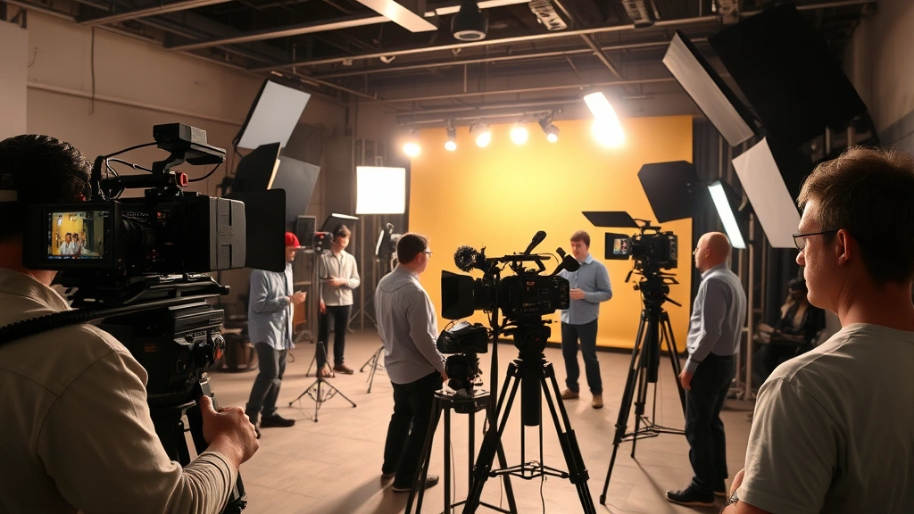 Film production set with cameras, lighting rigs, and crew members working on scene setup, showing behind-the-scenes creative collaboration and technical filmmaking