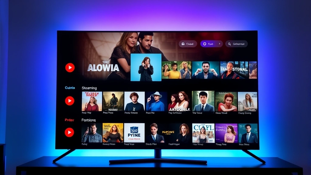 Streaming service interface displaying diverse content categories and thumbnails on large screen, representing modern digital media consumption and entertainment distribution