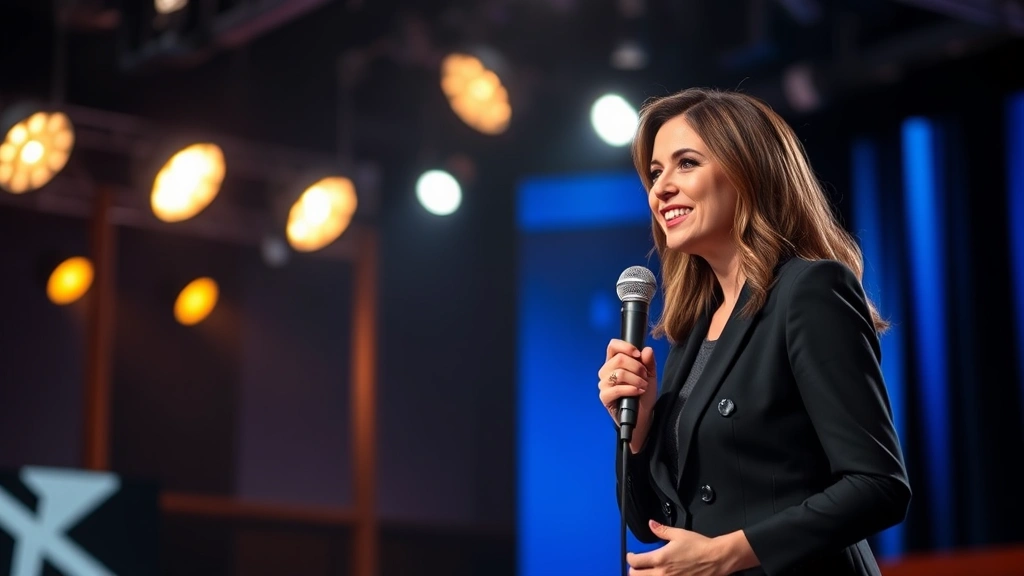 Professional female comedian performing on television set with bright studio lighting, confident expression, microphone visible, modern production design