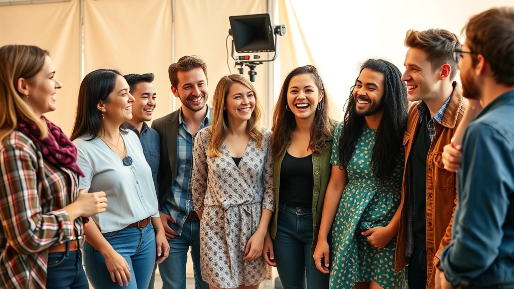 Diverse ensemble cast members laughing together on set, casual behind-the-scenes moment, natural lighting, collaborative atmosphere, multiple performers interacting