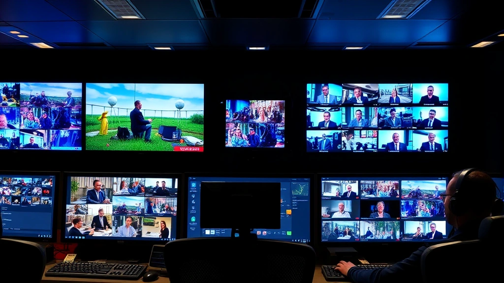 Television production control room with monitors displaying different scenes, streaming platform interface visible on screens, modern broadcast technology, multiple viewpoints