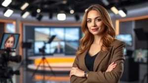 Professional female actor in modern television studio setting, sophisticated lighting, contemporary wardrobe, confident posture, digital production environment visible in background, photorealistic