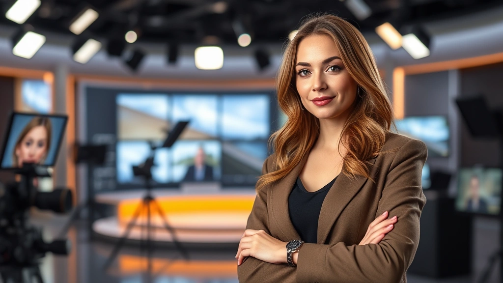 Professional female actor in modern television studio setting, sophisticated lighting, contemporary wardrobe, confident posture, digital production environment visible in background, photorealistic