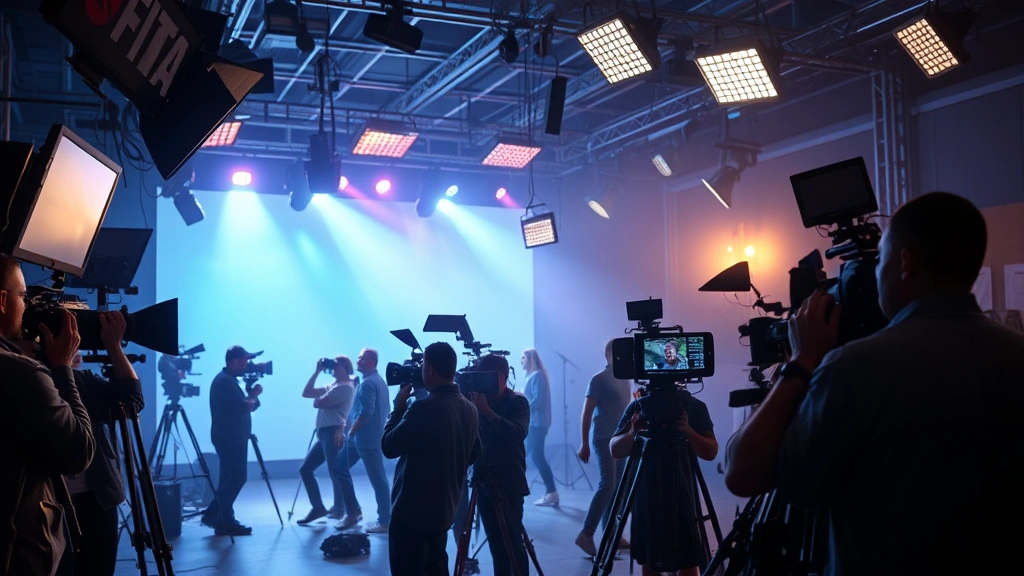 Film set production environment with multiple cameras, lighting rigs, and professional crew members working, dynamic creative atmosphere, behind-the-scenes filmmaking, photorealistic high detail