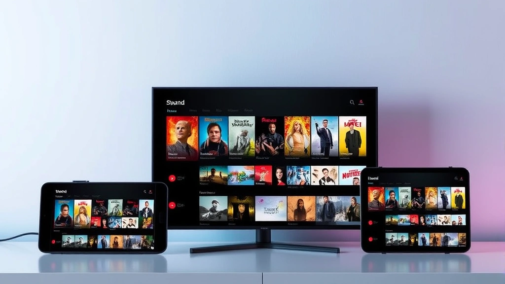 Streaming platform interface on modern devices showing diverse content library, colorful thumbnails representing different genres, contemporary digital media consumption, photorealistic technology showcase