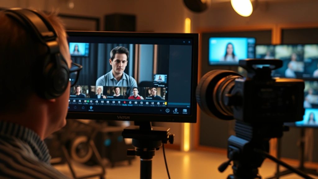 Film director's monitor displaying actor performance review during editing session, cinematic color grading visible, professional cinema production environment with warm lighting