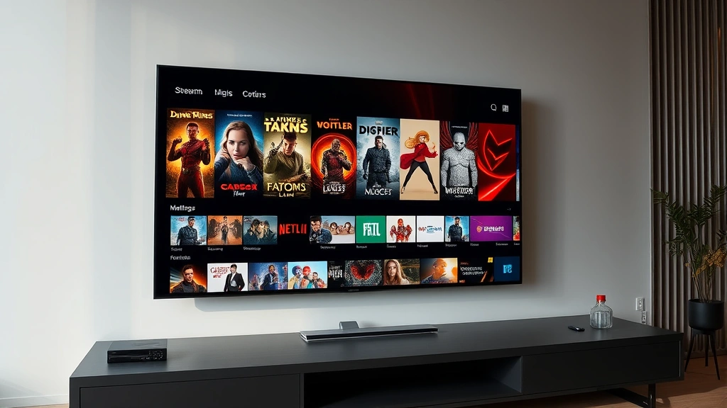 Streaming service interface on large display showing film content library, digital cinema platform showing diverse movie thumbnails and ratings, modern entertainment technology