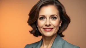 Professional headshot of mature woman with distinctive features, sophisticated styling, warm lighting, neutral background, confident expression, natural makeup, professional photography