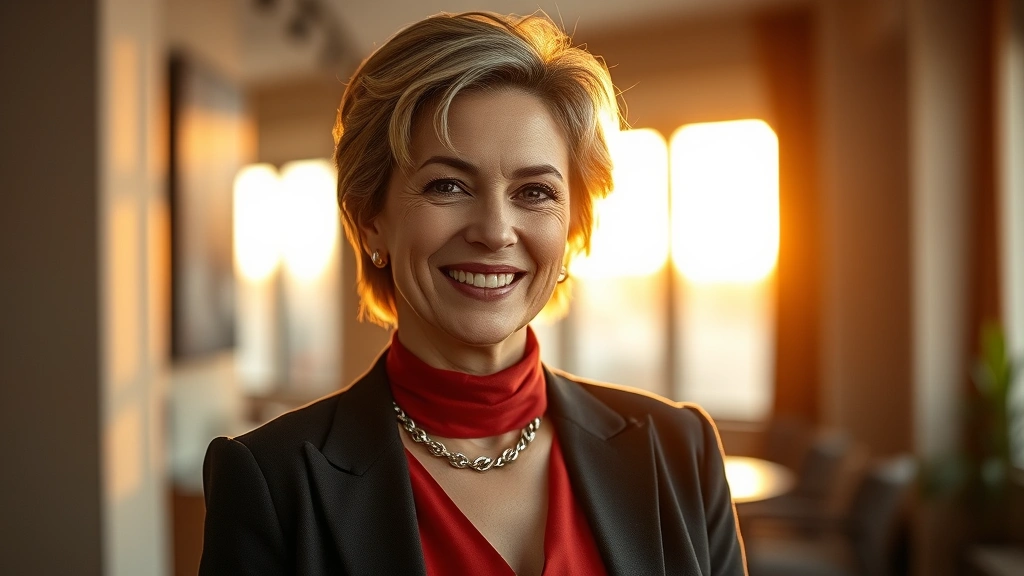 Mature woman in contemporary elegant attire, sophisticated setting, warm golden hour lighting, genuine smile, authentic presence, professional documentary-style photography
