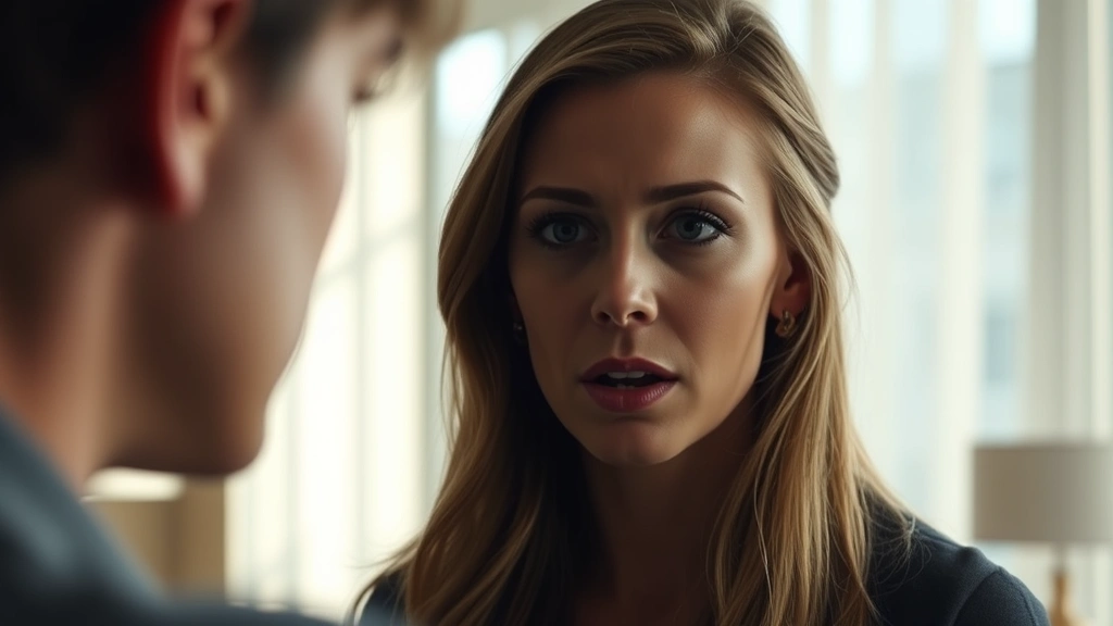 Close-up of female actor with intense, focused expression during dramatic dialogue scene in modern apartment setting, natural window lighting creating subtle shadows across face, professional cinematography style