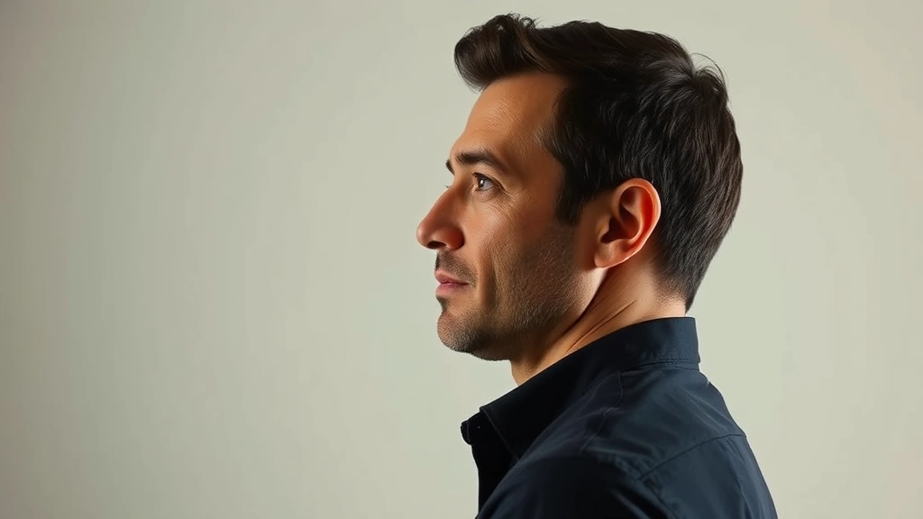 Profile view of actor in contemplative pose against neutral background, soft directional lighting emphasizing facial features and emotional nuance, professional headshot style with cinematic quality