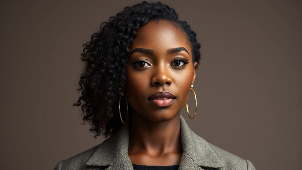 Professional headshot of Black British-American actress in modern studio lighting, confident expression, contemporary fashion, neutral background, cinematic quality photography