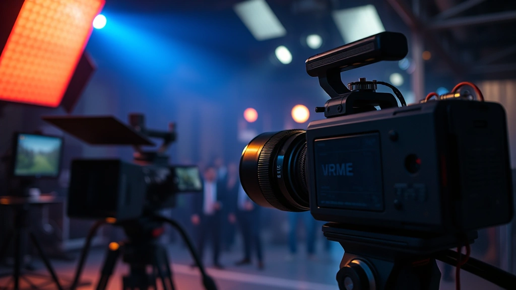 Action movie scene setup with professional camera equipment, dramatic blue and amber lighting gels, film production environment, cinematic depth of field, no visible monitors or digital displays