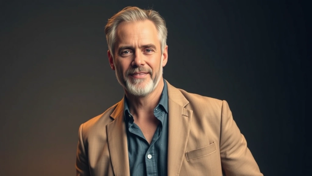 Professional headshot of mature male actor in casual elegant clothing, warm lighting, confident expression, studio setting, no text or graphics visible