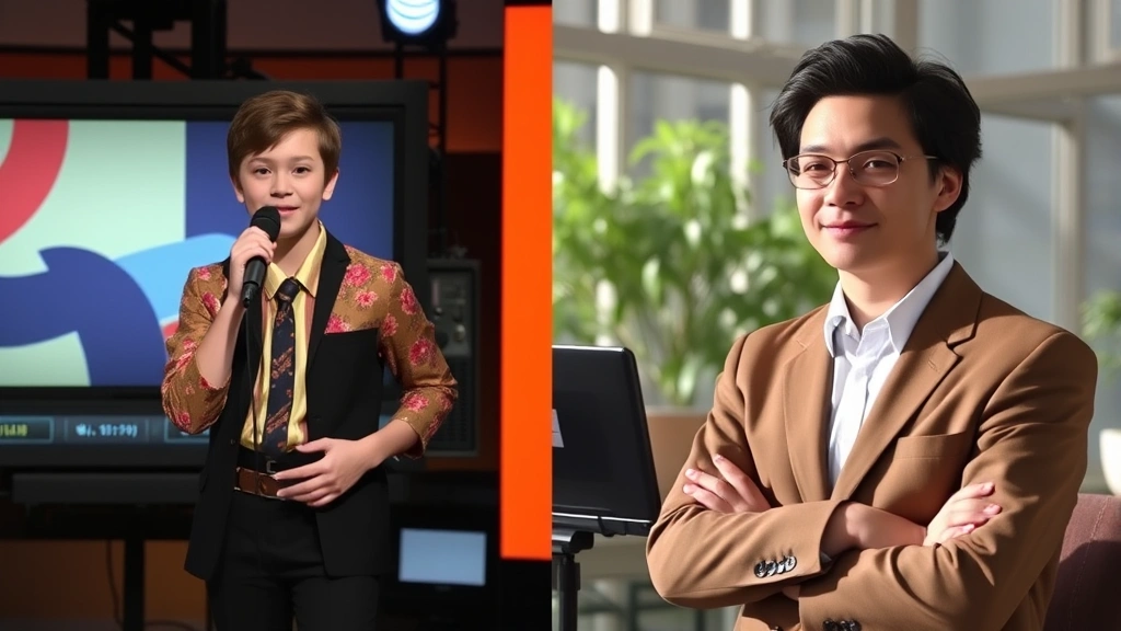 Split-screen showing evolution: left side young performer in 1980s style clothing on television set, right side same person in modern setting, natural lighting, professional atmosphere