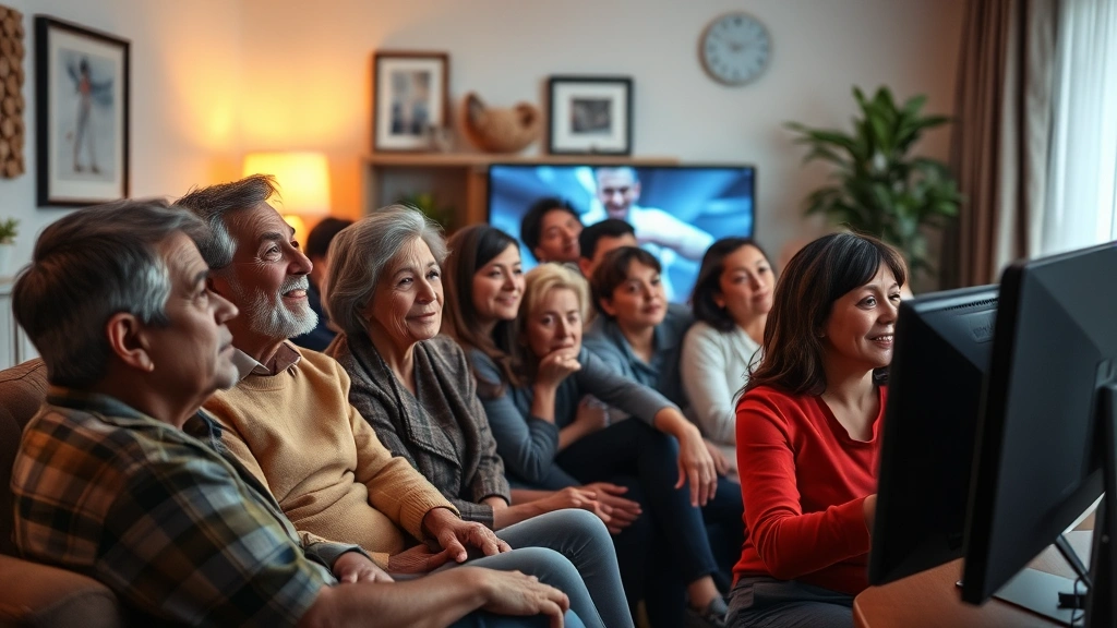Diverse audience watching television in living room setting, warm glow from screen, multiple generations represented, candid natural expressions, no screens or text visible