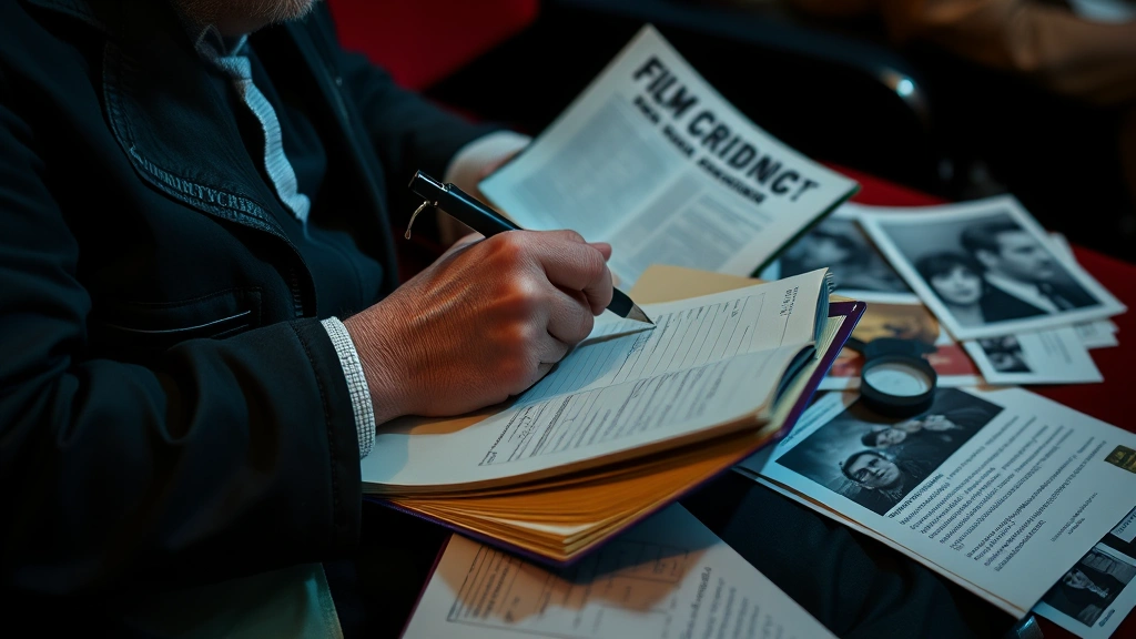 A close-up of a professional film critic taking notes during a movie screening, surrounded by cinema references and analytical materials, representing thoughtful film evaluation