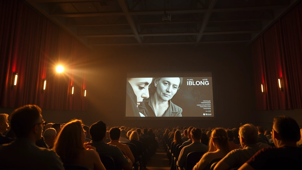 A movie theater interior with dramatic lighting showing an audience engaged with biographical film content, capturing the emotional connection between cinema and viewers