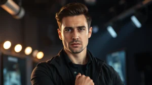 Professional male actor in dramatic pose, moody lighting, contemporary television production aesthetic, serious expression, dark clothing, cinematic depth of field, modern studio setting