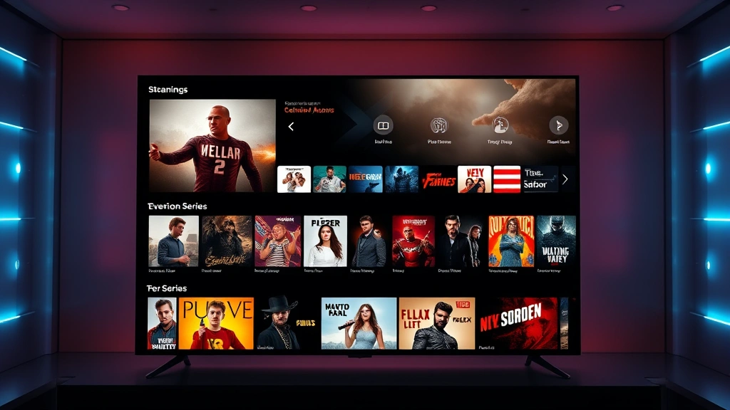 Streaming platform interface displaying television series content library, modern digital design, glowing screens, abstract data visualization, contemporary media consumption aesthetic, no text or readable interface elements