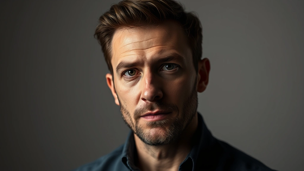 Professional headshot of male actor in contemporary lighting, serious contemplative expression, neutral background, modern studio photography style, cinematic quality
