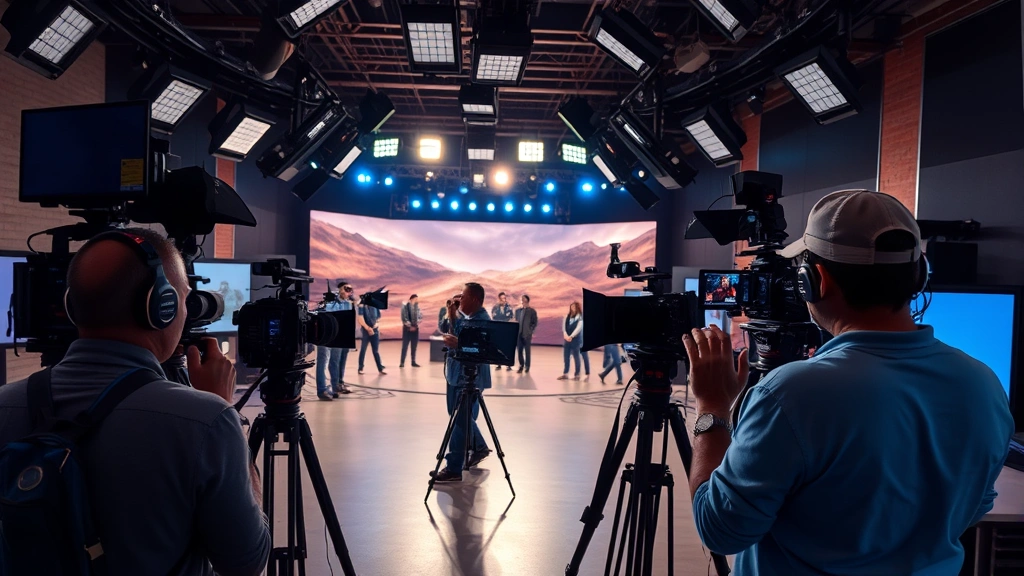 Television production set with cameras, lighting rigs, and crew members working on dramatic scene, professional broadcast studio environment, modern equipment and technology visible