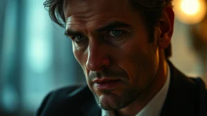 Cinematic close-up of a sophisticated male actor in dramatic lighting, showing intense emotional expression during an intimate scene, modern film production quality with shallow depth of field and professional color grading