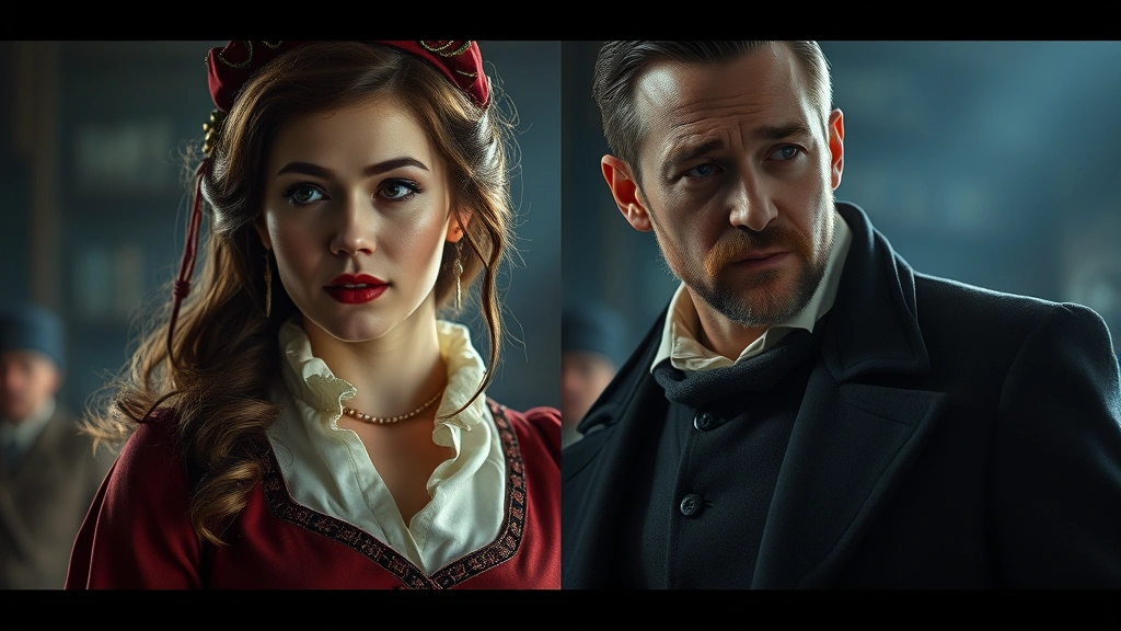 Split-screen artistic composition showing two different dramatic character portrayals side by side, contrasting emotional states and period costumes, professional film still aesthetic with cinema lighting