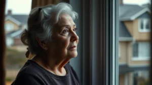 Elderly woman with contemplative expression gazing out suburban window, soft natural lighting, muted color palette, photorealistic, emotional intimacy