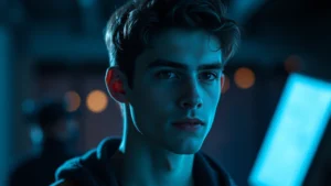 Young male actor in dramatic scene, cinematic lighting, film production set atmosphere, professional headshot style, moody blue-green color grading, contemporary indie film aesthetic, depth of field background blur