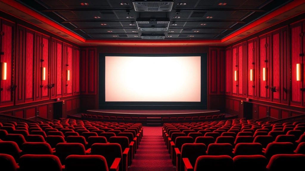 Movie theater interior with empty seats and glowing screen, warm theatrical lighting, rows of red velvet chairs, cinematic composition, realistic digital photography, modern multiplex setting, no visible text on screen