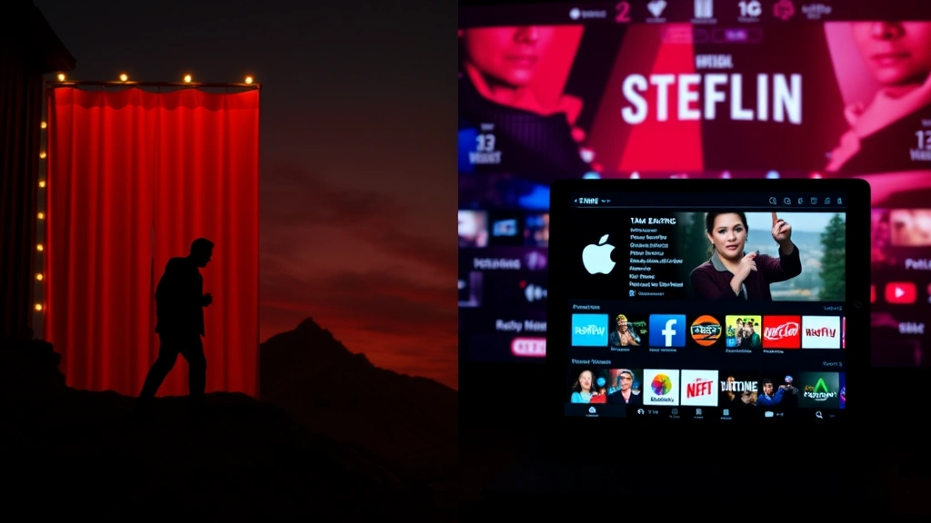 Split-screen composition showing theatrical release poster on left and streaming app interface on right, representing traditional versus digital distribution, modern media landscape, no readable text, abstract representation of film industry transformation