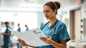 Professional female nurse in scrubs reviewing patient charts in bright hospital emergency department with colleagues working in background, warm realistic lighting, compassionate focused expression