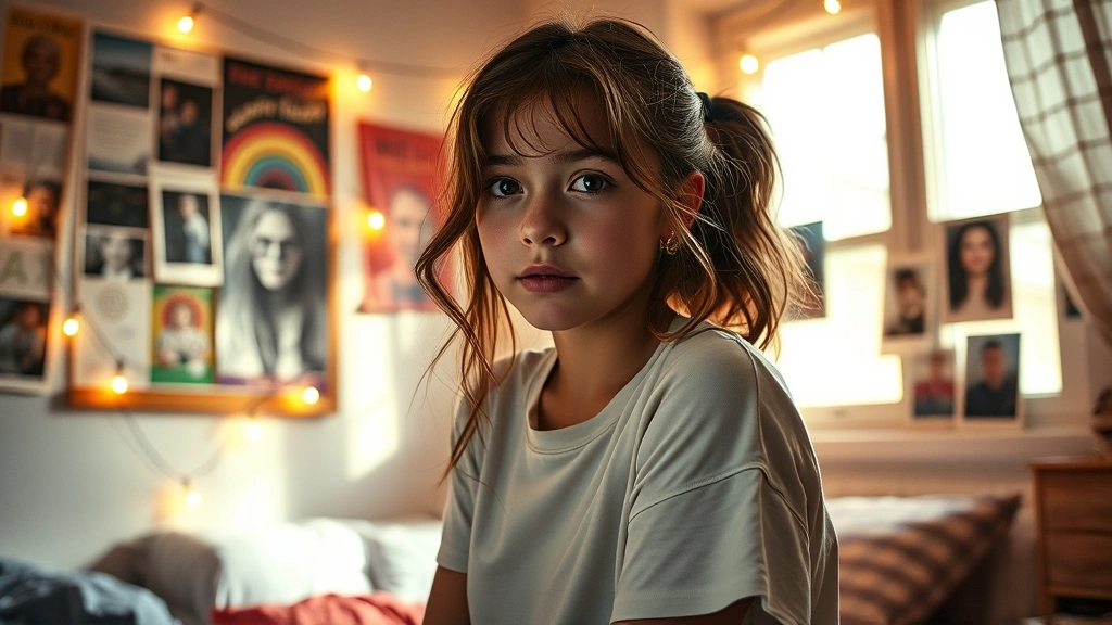 Young female protagonist in cozy indie bedroom with string lights, vintage posters, personal photographs, warm natural lighting from window, genuine teenage aesthetic, emotional vulnerability captured in expression, authentic personal space design