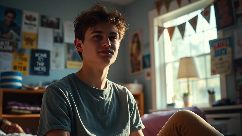 Teen protagonist in indie film setting with warm lighting, authentic emotional expression, contemporary bedroom environment with personal items and posters, natural morning light through window, realistic teenage space design